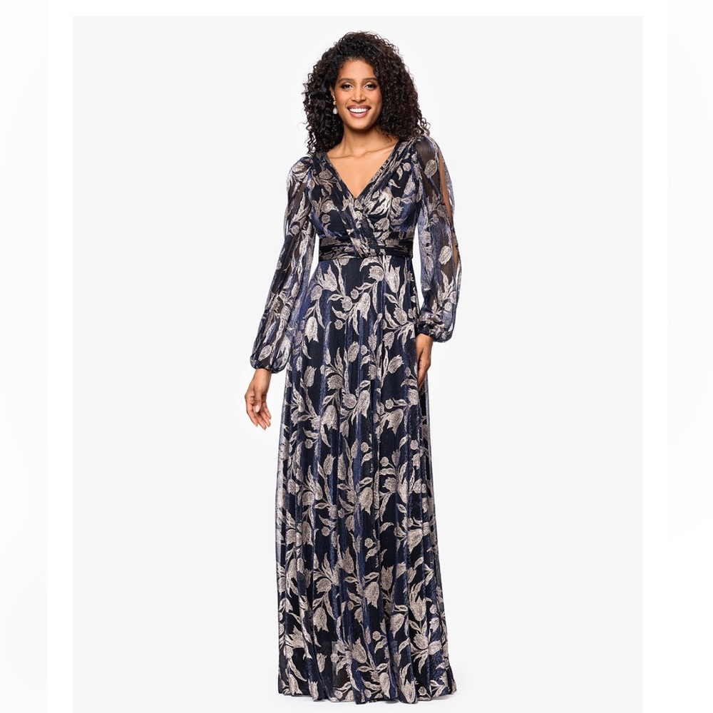 Elegant Formal Navy Floral Gown